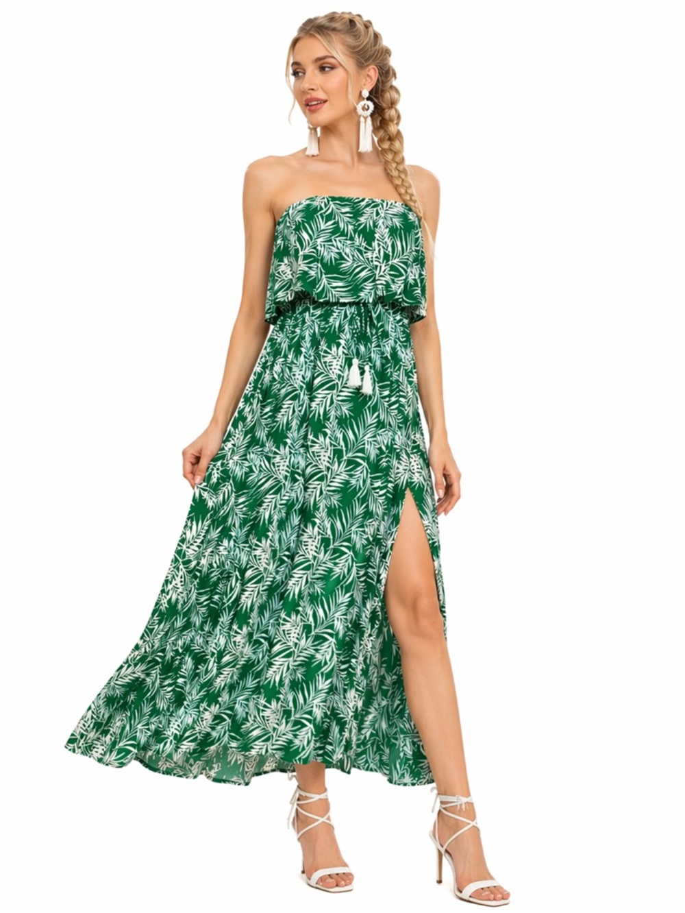Jopna Tropical Green Leaf Strapless Tube Maxi Dress Womens SZ M Vacay Resort